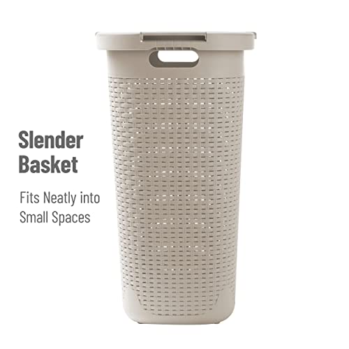Mind Reader Ivory Slim Laundry Hamper with Lid - 60L Tapered Clothes Basket for Narrow Spaces