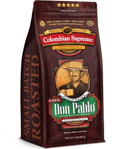 32 Ounce Medium-Dark Roast Whole Bean Coffee - Low Acidity - 2 lb Bag - Don Pablo Colombian Supremo