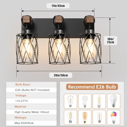Black Farmhouse Bathroom Vanity Light - 3-Light Wooden & Metal Fixture