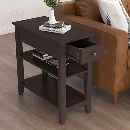 ChooChoo Espresso Side Table with Drawer & Shelves - Living Room Accent Furniture