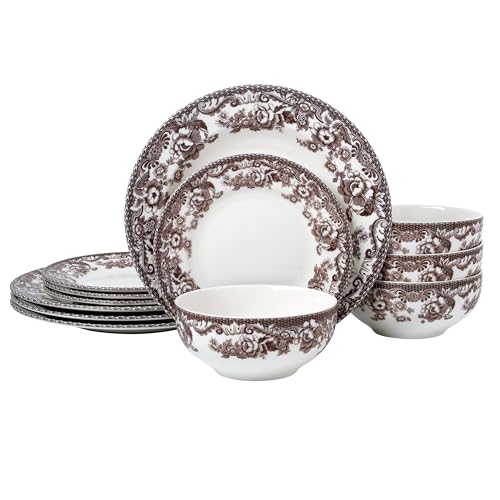 Joseph Sedgh Collection Montana Chip-Resistant Porcelain Dinnerware Set 12-Piece Brown Floral