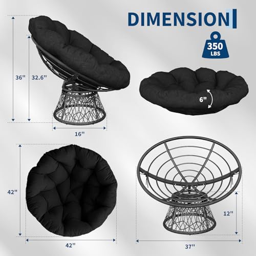 Garvee 40-Inch Black Ergonomic Wicker Papasan Chair with Thick Cushion
