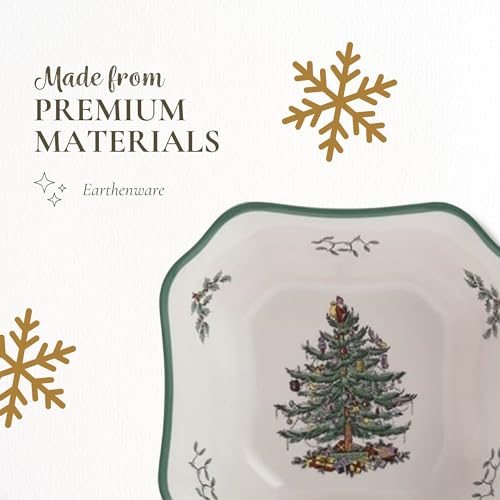 Spode Christmas Tree 9.5-Inch Square Salad Bowl - Festive Holiday Ceramic Serving Dish with Holiday Design