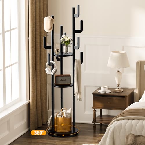 Freestanding Wooden Coat Rack with 9 Hooks & 3 Shelves - Black, 360° Rotating Entryway Organizer