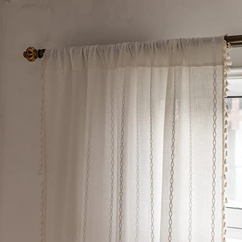 White 52W x 84L Boho Linen Curtains with Tassels - Pack of 2, Semi-Blackout for Living Room & Bedroom