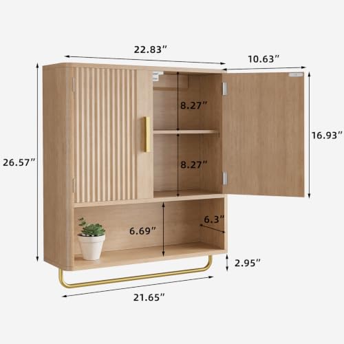 Memobarco Natural Oak Bathroom Wall Cabinet with Fluted Door & Adjustable Shelf