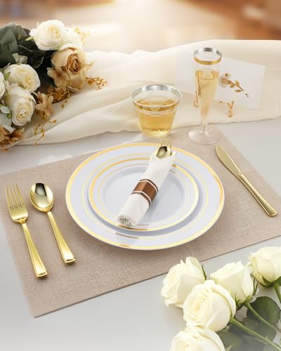 Gold Disposable Dinnerware Set for 70 Guests - 560 Pcs Fancy Plastic Plates & Glasses