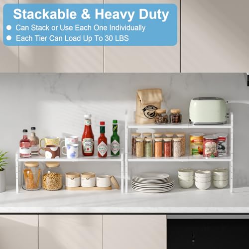 White Adjustable Kitchen Shelf Organizer Set of 4 - 15.5-25.5 Inch Expandable Counter Storage