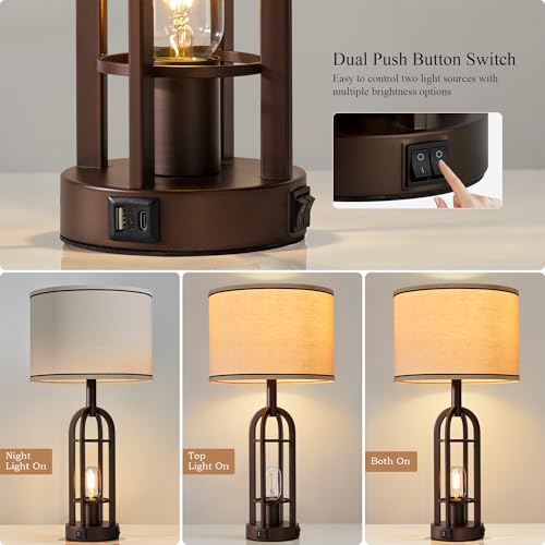 SRJJA 24-Inch Farmhouse Table Lamps Set of 2 with USB-A+C & 2-Button Switch - Bronze Variation