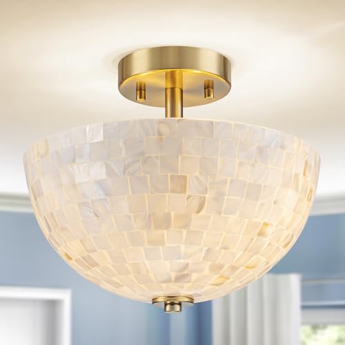 D12" Brass Close to Ceiling Capiz Shell Pendant Light - Coastal Style