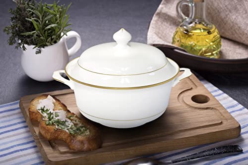 Bone China Soup Tureen Set with Lid, Gold Rim, 2.97QT, Elegant White Serving Bowl
