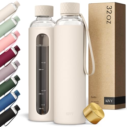 Cream White Glass Water Bottle with Silicone Sleeve 32 oz & Measurement