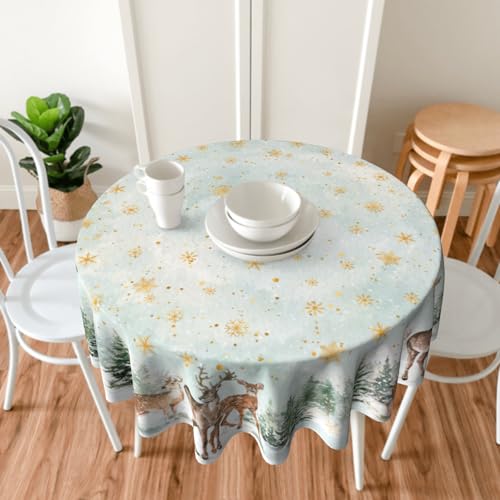 Winter Deer 60 Inch Round Tablecloth - Xmas Trees Snowflake, Water-Resistant, Spill-Proof