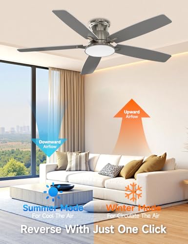 Brushed Nickel 52 Inch Ceiling Fan with Light and Remote - Dimmable LED, Silent Reversible Motor