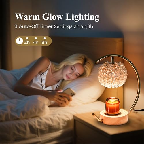 Yeuslor Gold Candle Warmer Lamp with Adjustable Brightness & Timer, Handcrafted Crystal & Wooden Base, C-Shaped Home Decor