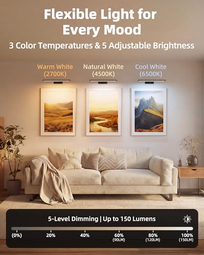 EZVALO 16-Inch Rechargeable Magnetic LED Picture Light with Remote, Dimmable Black Wall Art Lighting