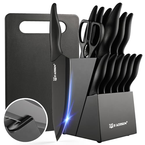 17-Piece Black German Steel Kitchen Knife Block Set with Cutting Board & Sharpener