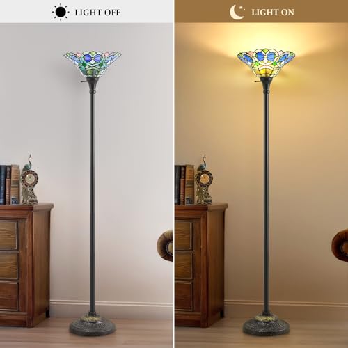 Tiffany Style Floor Lamp with Stained Glass Shade - 70" Torchiere for Living Room