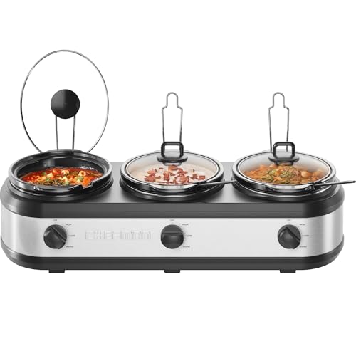 Chefman 7.5 Quart Triple Slow Cooker & Food Warmer - 3 Crocks, Stainless Steel