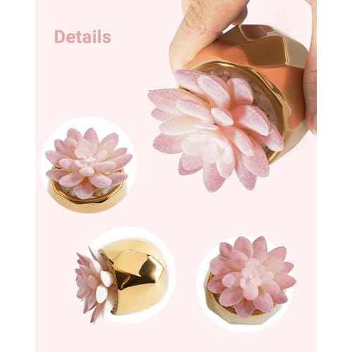 VIVERIE Mini Succulents Plants Artificial in Pots-Pink with Golden Ceramic, Christmas Small Fake Succulents Plants for Home Decor Indoor for Women, Golden Ceramic Faux Succulents, Gifts for Mom