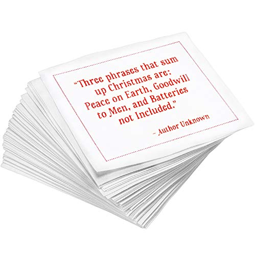 Christmas Quotes White Cotton Napkins - 4.5x4.5 Inches, Pack of 50 - Holiday Party Decor