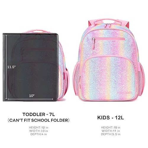 Mibasies Glitter Rainbow Kids Backpack for Elementary Girls 15" - Large Capacity, Water-Resistant, Insulated Front Pocket