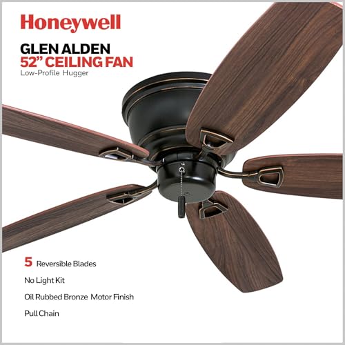 Honeywell Glen Alden 52 Inch Oil Rubbed Bronze Flush Mount Ceiling Fan - Reversible 3-Speed, Quiet Operation