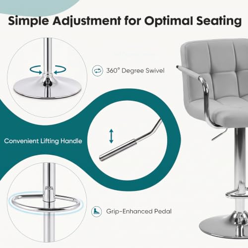 OLIXIS Grey Set of 2 Swivel Bar Stools with Armrest & PU Leather, Adjustable Height