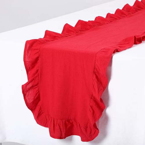 Red Ruffled Table Runner 118 Inches Long with Scalloped Edge – Oudain, 9.8 ft x 13.8 in