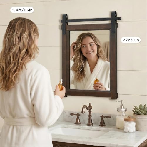 Besdomus Rustic Barn Door Bathroom Mirror 22x30 inch, Dark Brown, Ready to Hang