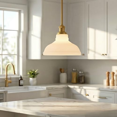 HOLKIRT Modern Gold Pendant Light with Brass/Opal Glass Dome, Adjustable Height
