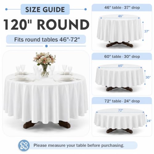 White Round Tablecloth 120 Inch - Pack of 10 Washable, Stain & Wrinkle Resistant Polyester for Weddings & Events