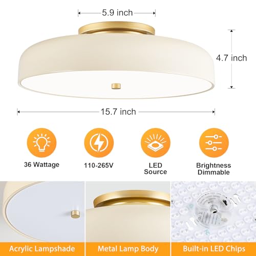 15.74 Inch Dimmable LED Ceiling Light Fixture, Cream White, 5 CCT, Modern Design