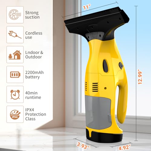 Cordless Electric Window Vacuum Cleaner with 2 Squeegees - Rechargeable Glass & Tile Washer