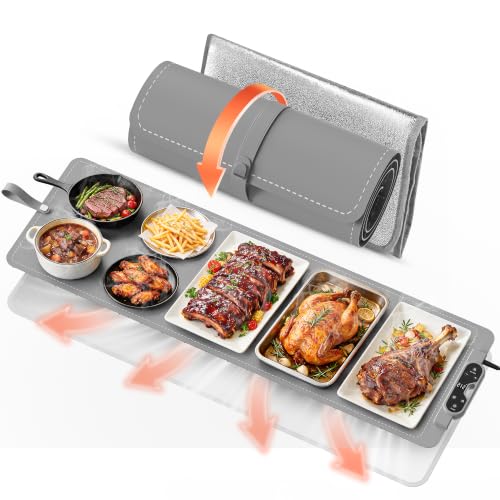 Gray 49x15 Inch Electric Food Warming Mat with 7 Heat Levels & 8-Hour Timer