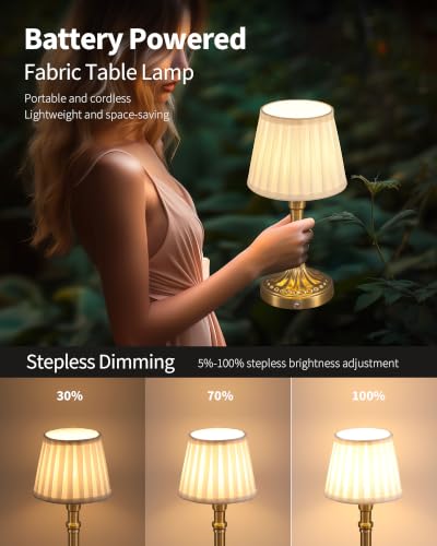 KDG Gold Cordless Table Lamp with Beige Fabric Shade - Portable Desk Light