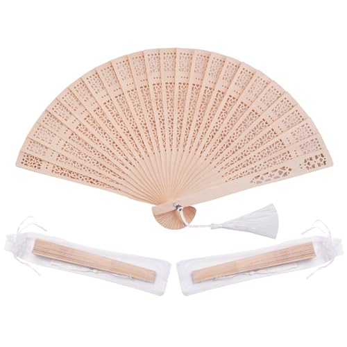 Wooden Hand Fan Set with Organza Bags & Tassels - 50 Pieces for Party Favors