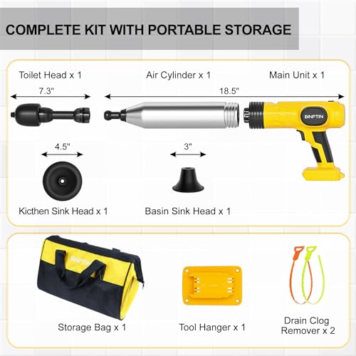 Dinftin Yellow Electric Toilet Plunger Compatible with Dewalt 20V Battery — Cordless, Multi-Use