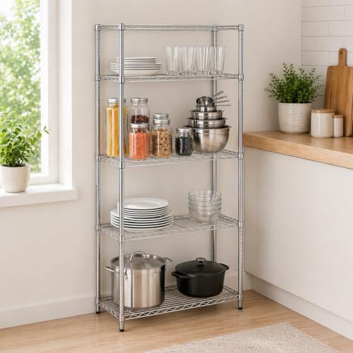 Heavy Duty Adjustable Shelving Unit - Chrome Wire Rack, 200 lbs Per Shelf, 5 Tiers, 36x14x72 in — Variation of 200 lbs Per Shelf / Chrome / 5