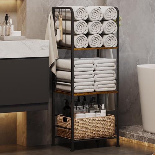 Brown 3-Tier Freestanding Metal Towel Rack Cabinet with Hooks and Detachable Dividers