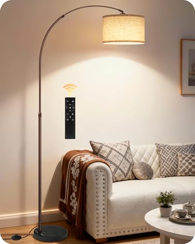 75-Inch Dimmable Arc Floor Lamp with Marble Base, Adjustable Height, Beige, Brown Variation