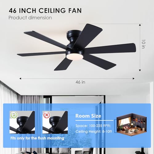 Asyko 46-Inch Black 6-Blade Modern Ceiling Fan with Light & Remote - Reversible Motor