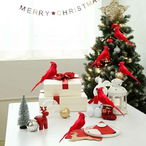 2pcs Red Cardinals Birds Decor Cover with Feather 5.5inch Clip on Artificial Bird Figurines for Crafts Decoration Christmas Tree Ornaments