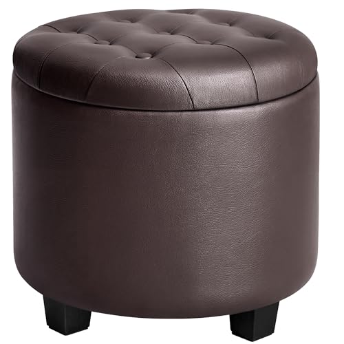 Chestnut Brown Round Vanity Stool with Storage - 17.7 Inch Diameter