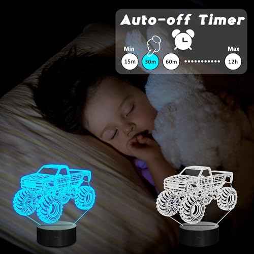 Monster Trucks Night Light for Boys, 3D LED Optical Illusion Lamp with Remote Control and Timer, Perfect Christmas and Birthday Gift Idea for Boys, Kids, and Teens
