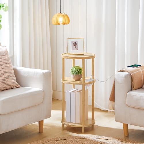 HOOBRO Natural Bamboo Small Round Side Table with Charging Station - 3-Tier, Compact End Table for Living Room & Bedroom, Easy Assembly (YL152UBZ01)