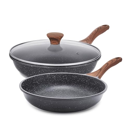 SENSARTE Nonstick Frying Pans Set 8 & 11 Inch with Lid, Gray, Cast Aluminum