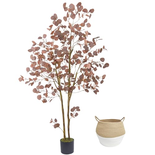 Artificial Eucalyptus Tree 6ft with Red Leaves and Basket - Indoor Outdoor Decor