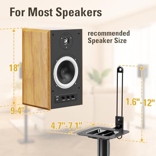 Height Adjustable Speaker Stands for Bookshelf Speakers - 9.4" W x 18" H, Black, Compatible with Most Brands
