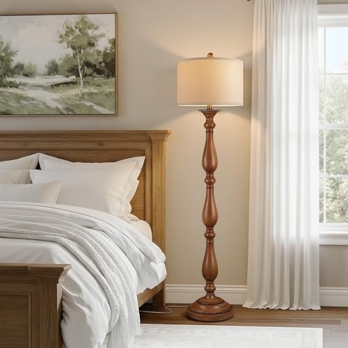 PARTPHONER Vintage Wood Grain Floor Lamp with Linen Shade, Rustic Farmhouse Standing Light for Living Room & Bedroom